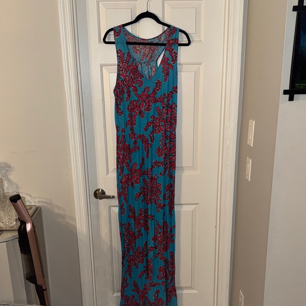 Floral Sleeveless Maxi Dress - Teal and Red